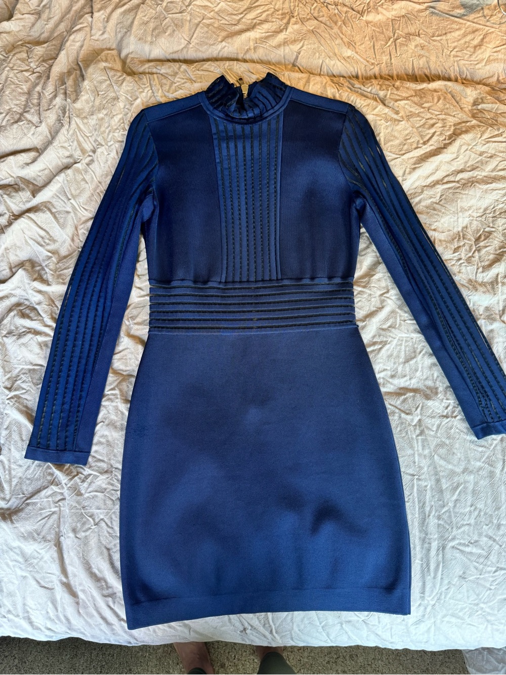 Balmain Paris Navy Blue Sheer Stripe Bandage Bodycon Dress Long Sleeve